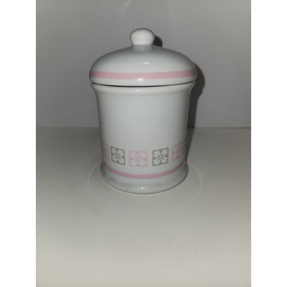 Avon White Porcelain Apothecary Jar with Lid Pink & Gray Design 1987 6½"